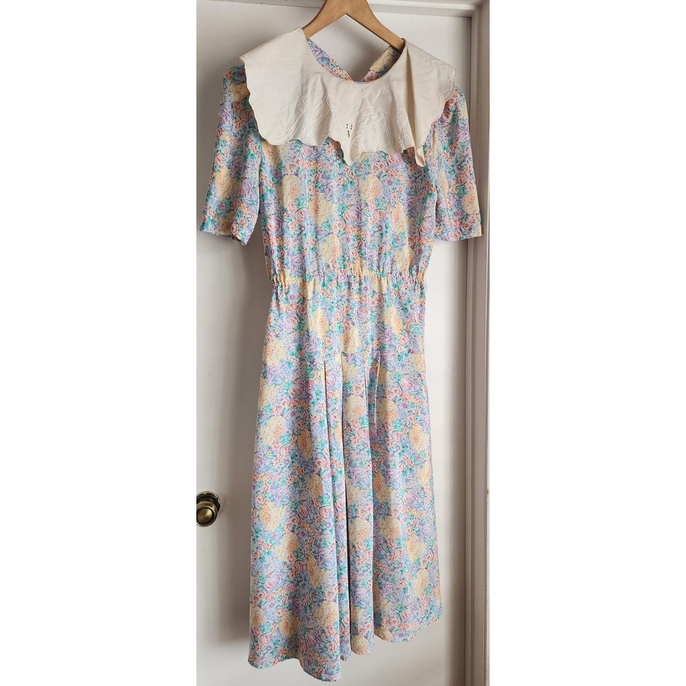 VTG Caroline Wells Dress 12 Pastel Floral Maxi Statement Lace Collar Cottagecore - Picture 2 of 7